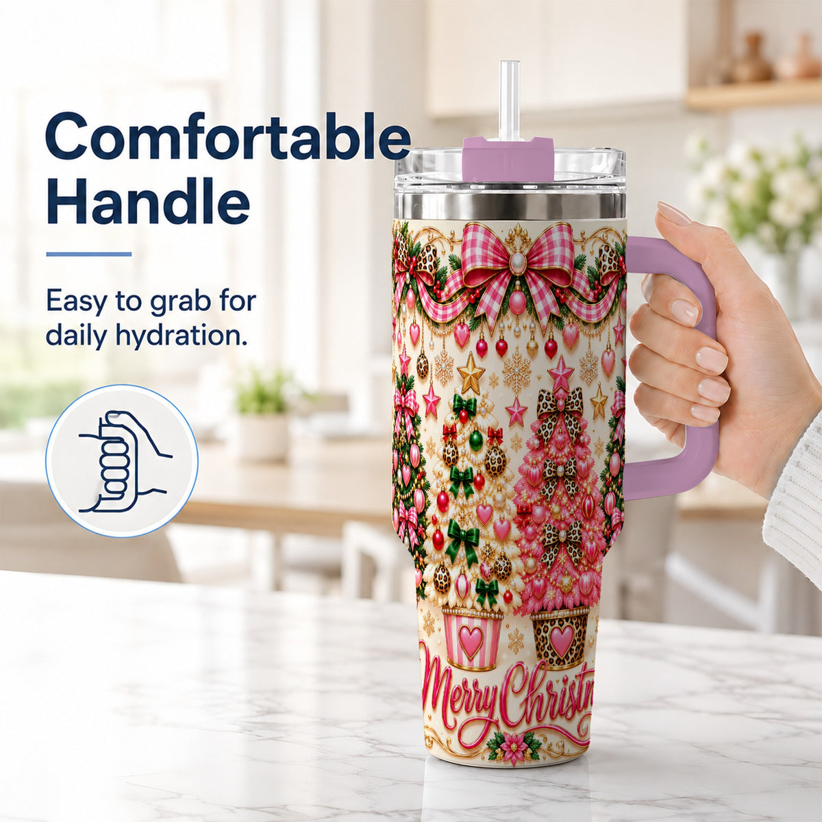 #pl[40oz|Pink] Pink Christmas 40oz Tumbler with Handle, Festive Stainless Steel Cup