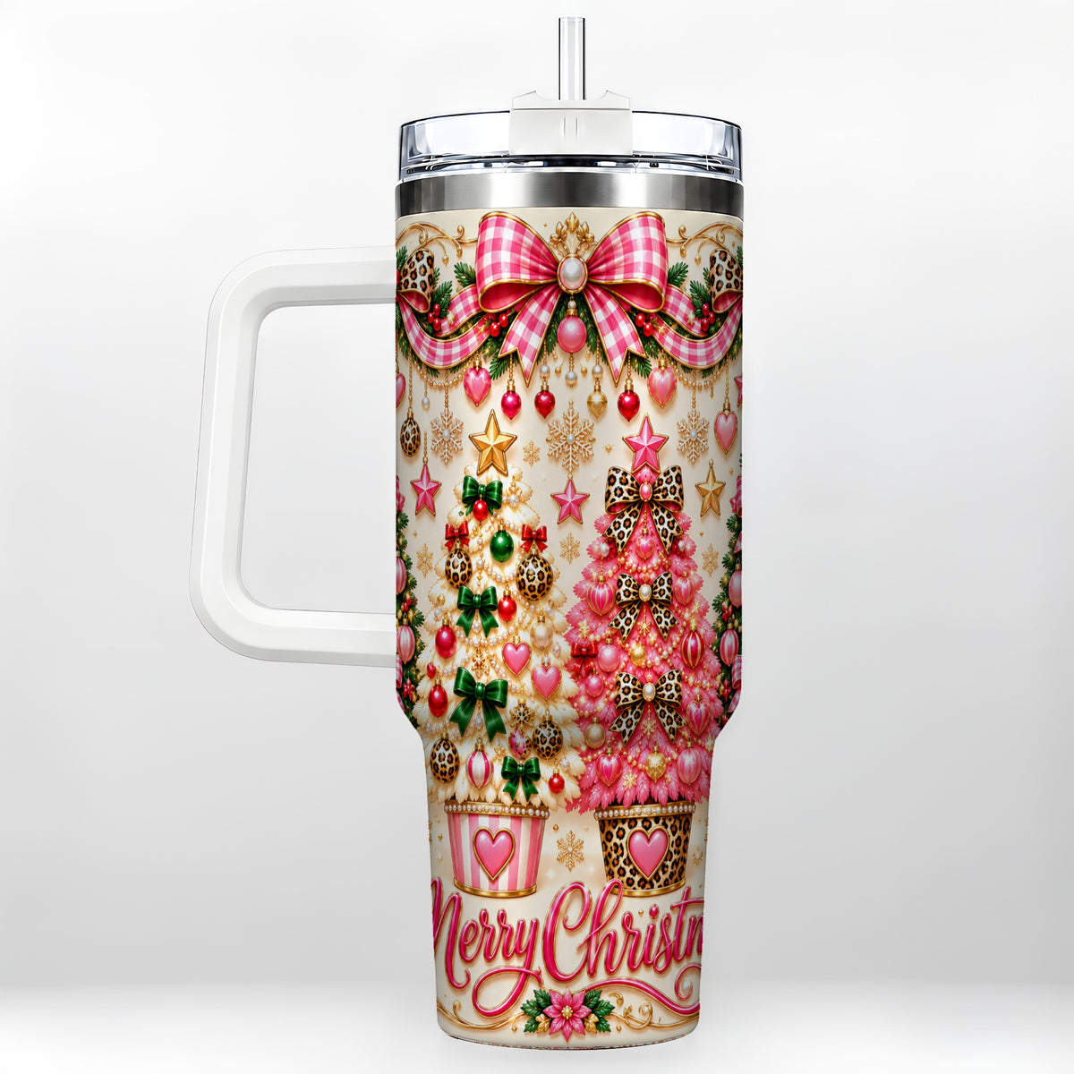 Pink Christmas 40oz Tumbler with Handle, Festive Stainless Steel Cup
