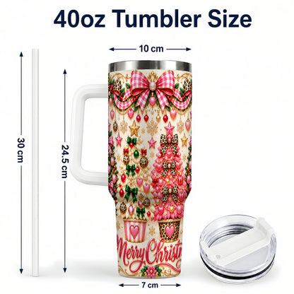 #pl[40oz|White] Pink Christmas 40oz Tumbler with Handle, Festive Stainless Steel Cup