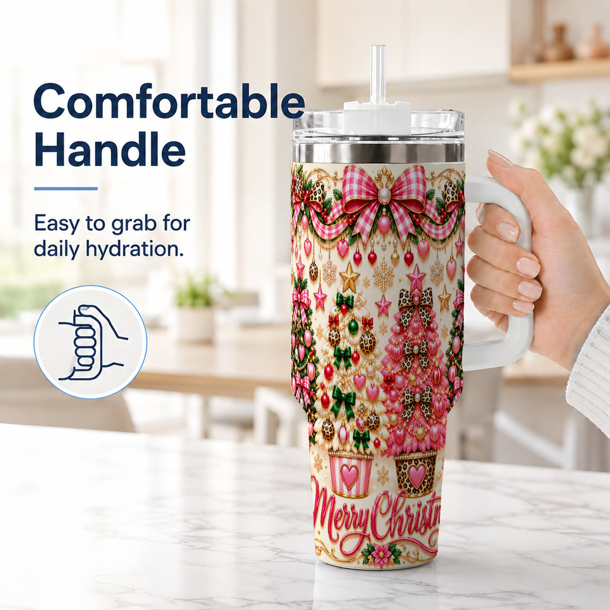#pl[40oz|White] Pink Christmas 40oz Tumbler with Handle, Festive Stainless Steel Cup