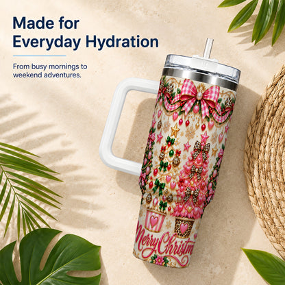Pink Christmas 40oz Tumbler with Handle, Festive Stainless Steel Cup