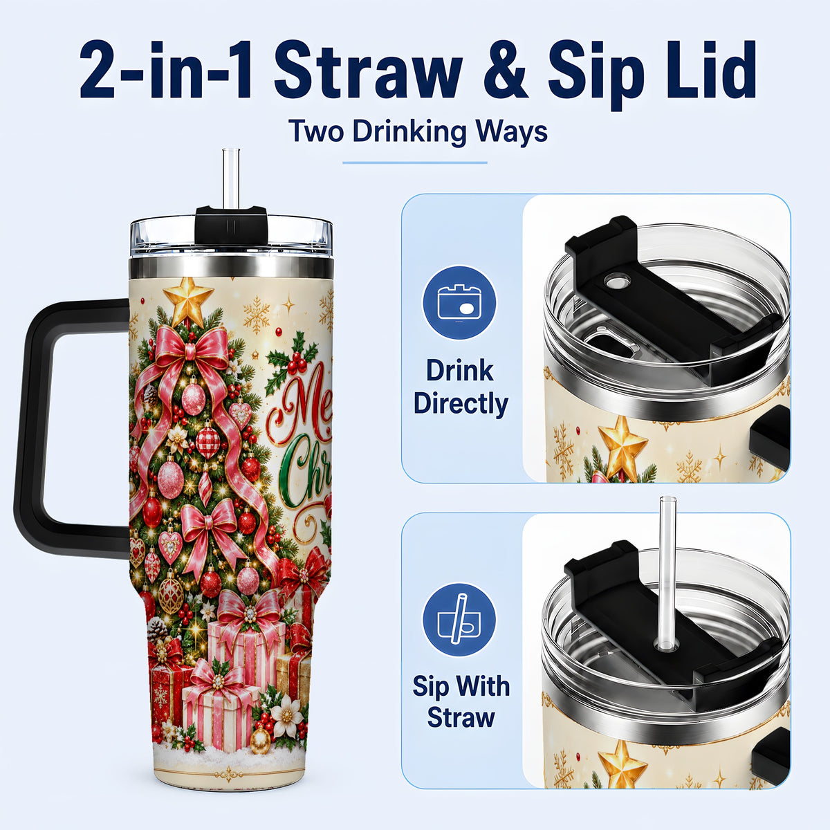#pl[40oz|Black] Christmas Tree 40oz Tumbler with Handle, Festive Stainless Steel Cup