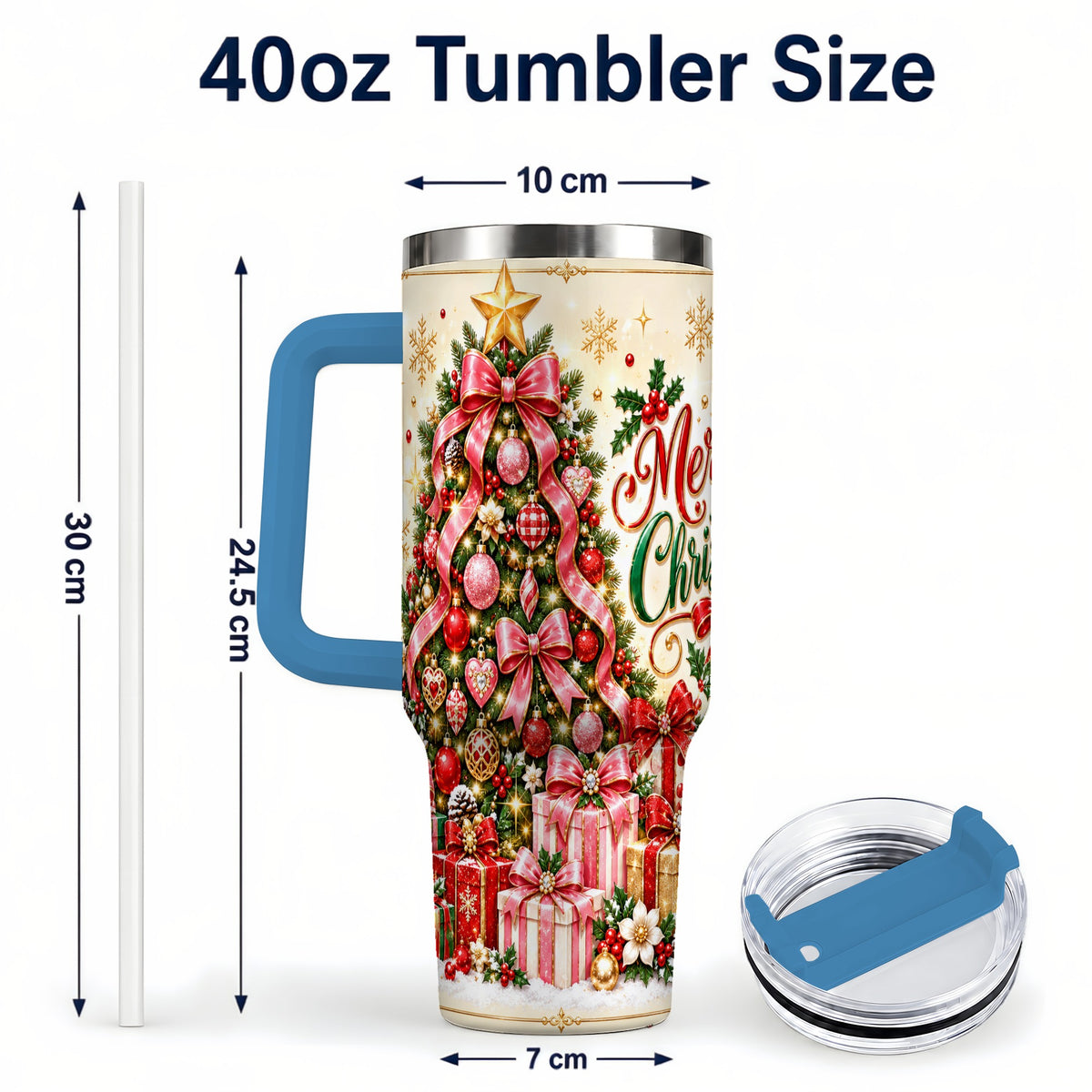 #pl[40oz|Blue] Christmas Tree 40oz Tumbler with Handle, Festive Stainless Steel Cup