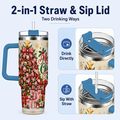 #pl[40oz|Blue] Christmas Tree 40oz Tumbler with Handle, Festive Stainless Steel Cup