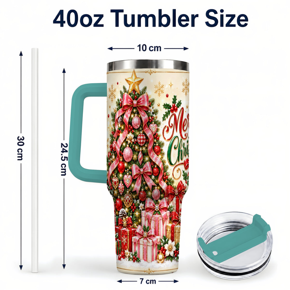 #pl[40oz|Green] Christmas Tree 40oz Tumbler with Handle, Festive Stainless Steel Cup