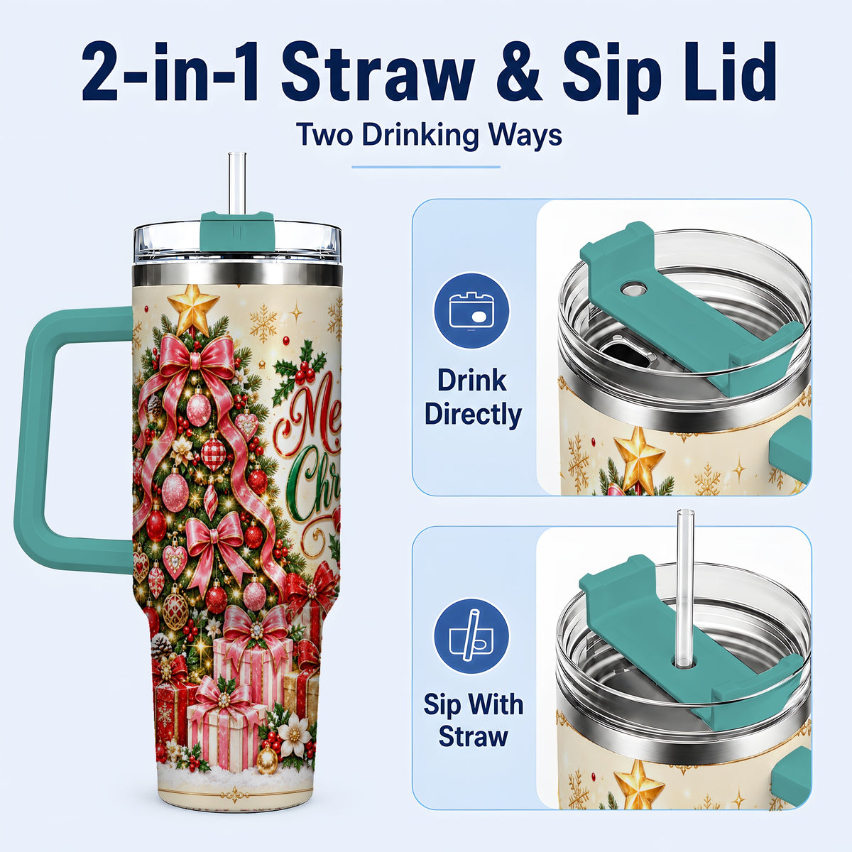 #pl[40oz|Green] Christmas Tree 40oz Tumbler with Handle, Festive Stainless Steel Cup