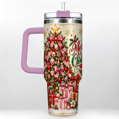#pl[40oz|Pink] Christmas Tree 40oz Tumbler with Handle, Festive Stainless Steel Cup
