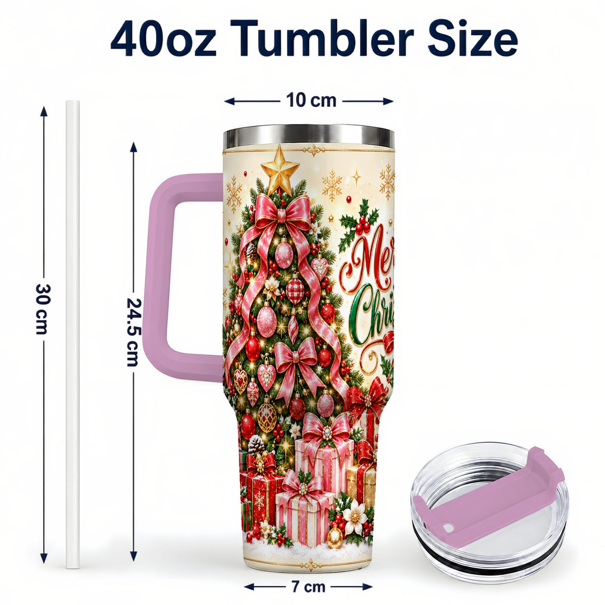#pl[40oz|Pink] Christmas Tree 40oz Tumbler with Handle, Festive Stainless Steel Cup
