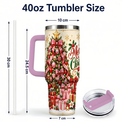 #pl[40oz|Pink] Christmas Tree 40oz Tumbler with Handle, Festive Stainless Steel Cup