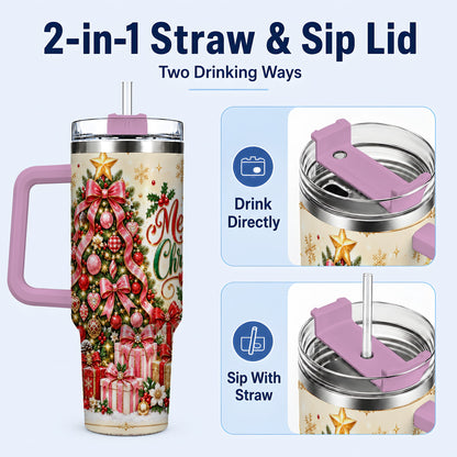 #pl[40oz|Pink] Christmas Tree 40oz Tumbler with Handle, Festive Stainless Steel Cup