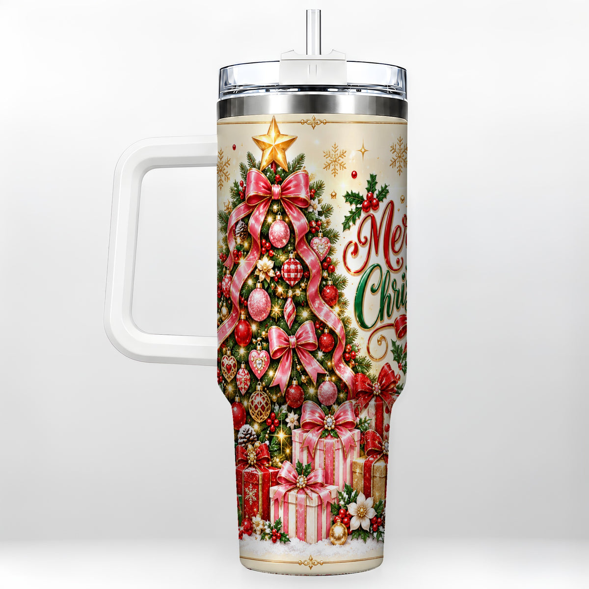 Christmas Tree 40oz Tumbler with Handle, Festive Stainless Steel Cup