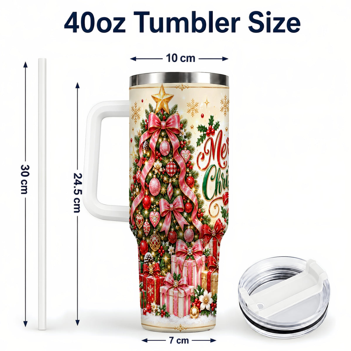 #pl[40oz|White] Christmas Tree 40oz Tumbler with Handle, Festive Stainless Steel Cup