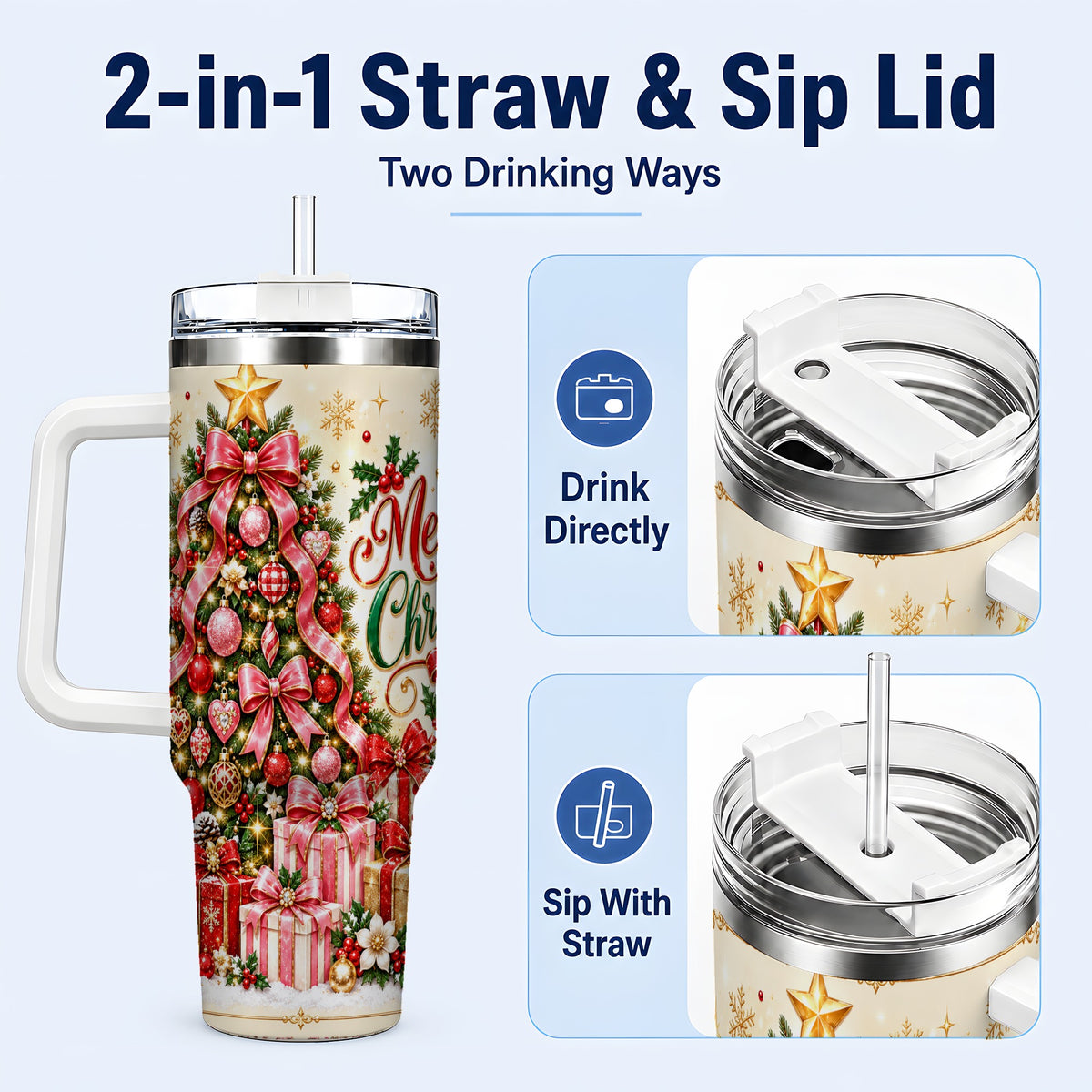 #pl[40oz|White] Christmas Tree 40oz Tumbler with Handle, Festive Stainless Steel Cup