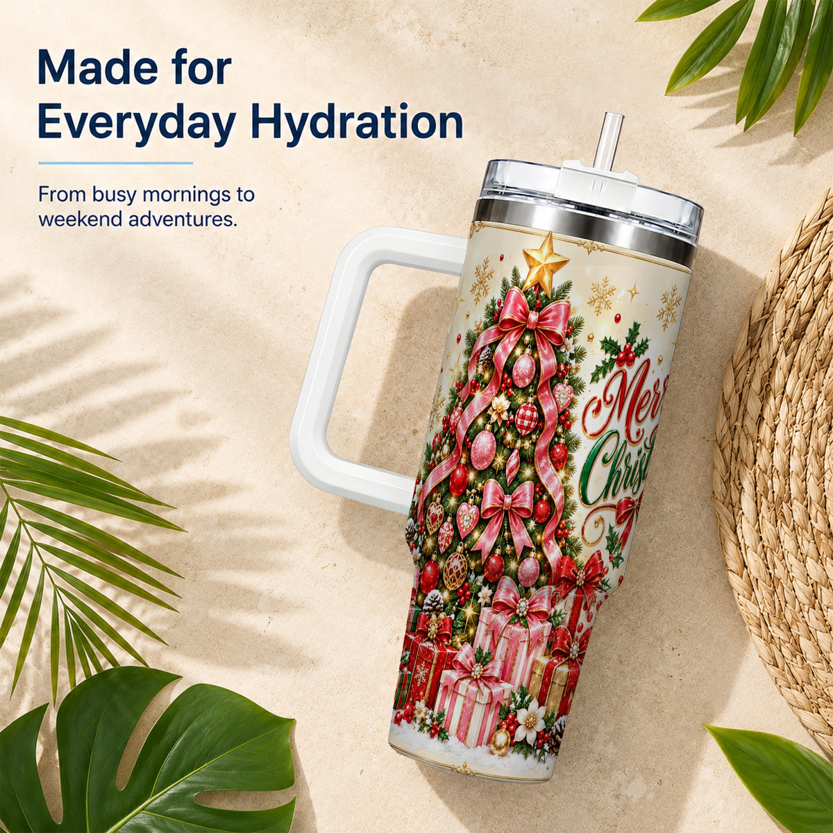 Christmas Tree 40oz Tumbler with Handle, Festive Stainless Steel Cup