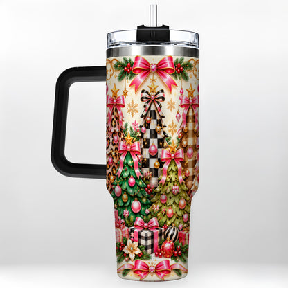 #pl[40oz|Black] Patterned Tree 40oz Tumbler with Handle, Holiday Stainless Steel Cup