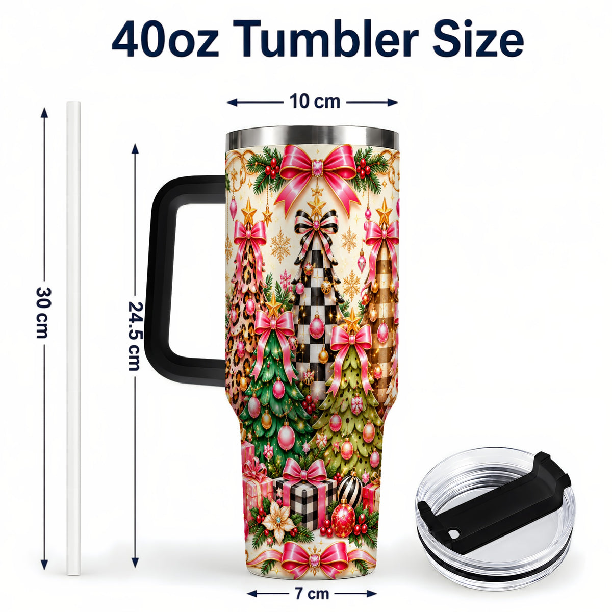 #pl[40oz|Black] Patterned Tree 40oz Tumbler with Handle, Holiday Stainless Steel Cup