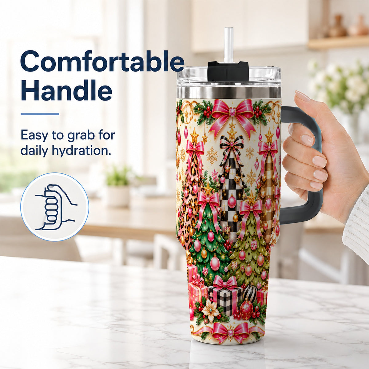 #pl[40oz|Black] Patterned Tree 40oz Tumbler with Handle, Holiday Stainless Steel Cup