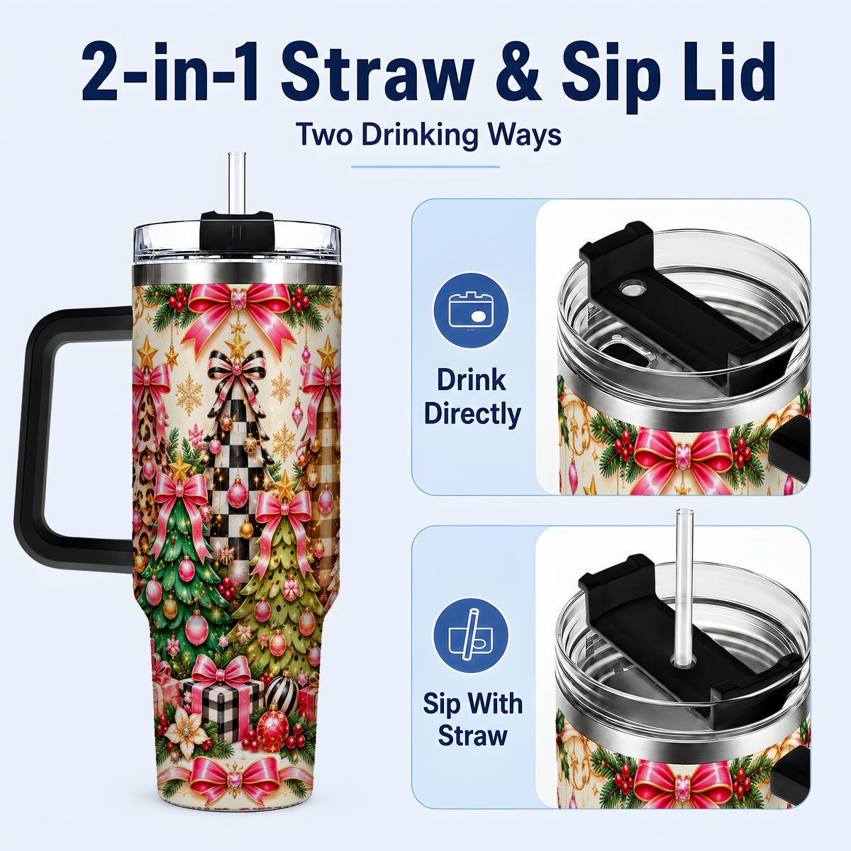 #pl[40oz|Black] Patterned Tree 40oz Tumbler with Handle, Holiday Stainless Steel Cup