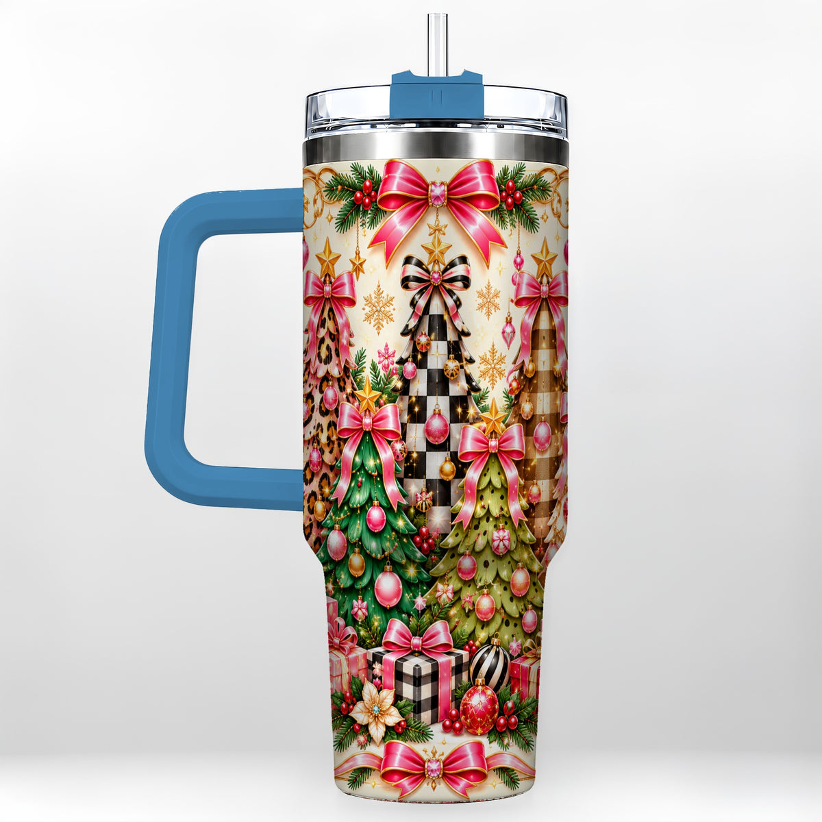 #pl[40oz|Blue] Patterned Tree 40oz Tumbler with Handle, Holiday Stainless Steel Cup