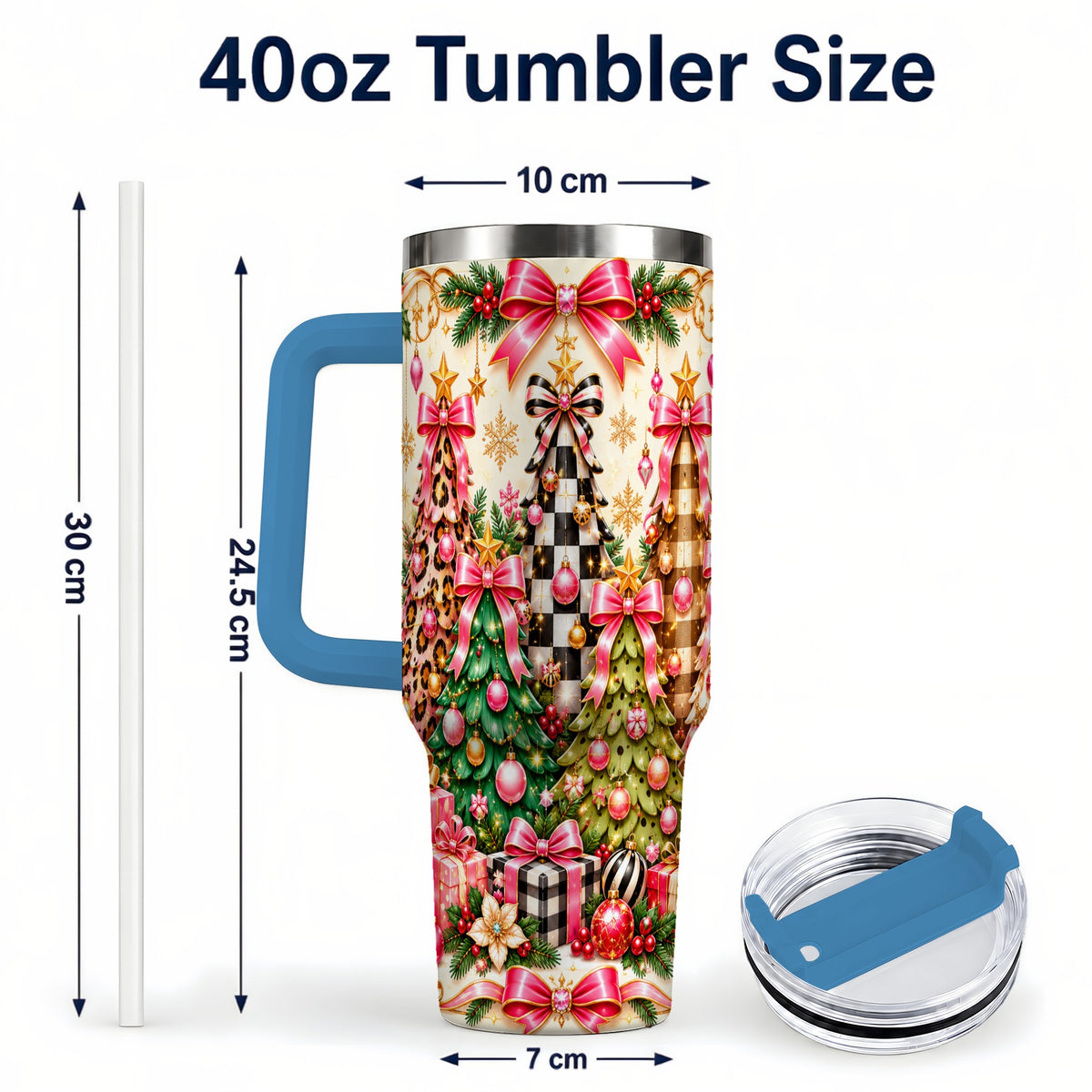 #pl[40oz|Blue] Patterned Tree 40oz Tumbler with Handle, Holiday Stainless Steel Cup