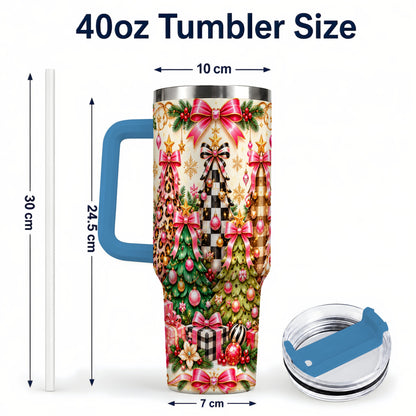 #pl[40oz|Blue] Patterned Tree 40oz Tumbler with Handle, Holiday Stainless Steel Cup