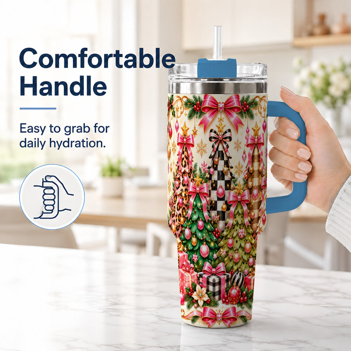 #pl[40oz|Blue] Patterned Tree 40oz Tumbler with Handle, Holiday Stainless Steel Cup