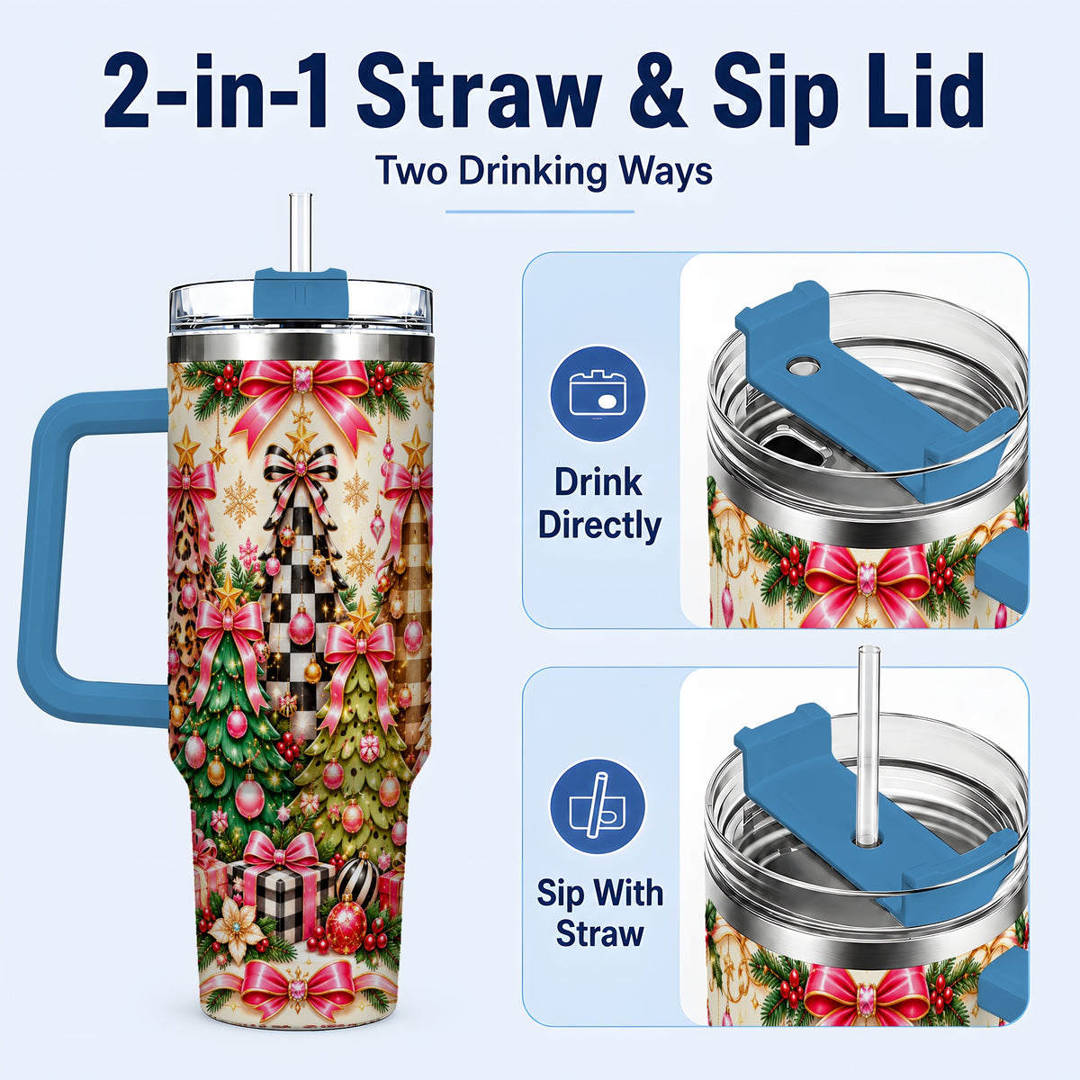 #pl[40oz|Blue] Patterned Tree 40oz Tumbler with Handle, Holiday Stainless Steel Cup