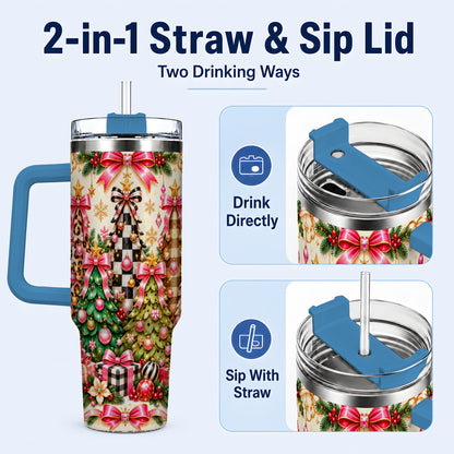 #pl[40oz|Blue] Patterned Tree 40oz Tumbler with Handle, Holiday Stainless Steel Cup