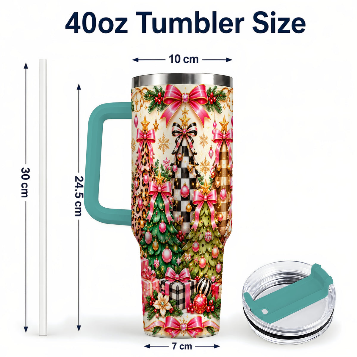 #pl[40oz|Green] Patterned Tree 40oz Tumbler with Handle, Holiday Stainless Steel Cup
