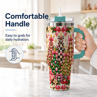 #pl[40oz|Green] Patterned Tree 40oz Tumbler with Handle, Holiday Stainless Steel Cup