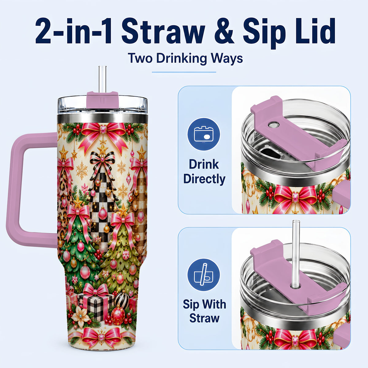 #pl[40oz|Pink] Patterned Tree 40oz Tumbler with Handle, Holiday Stainless Steel Cup