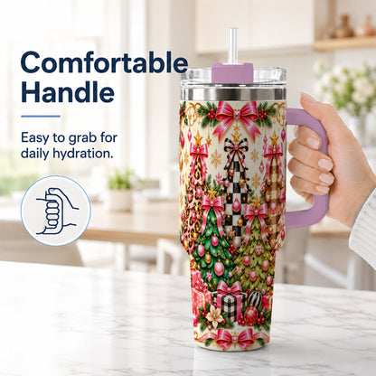#pl[40oz|Pink] Patterned Tree 40oz Tumbler with Handle, Holiday Stainless Steel Cup