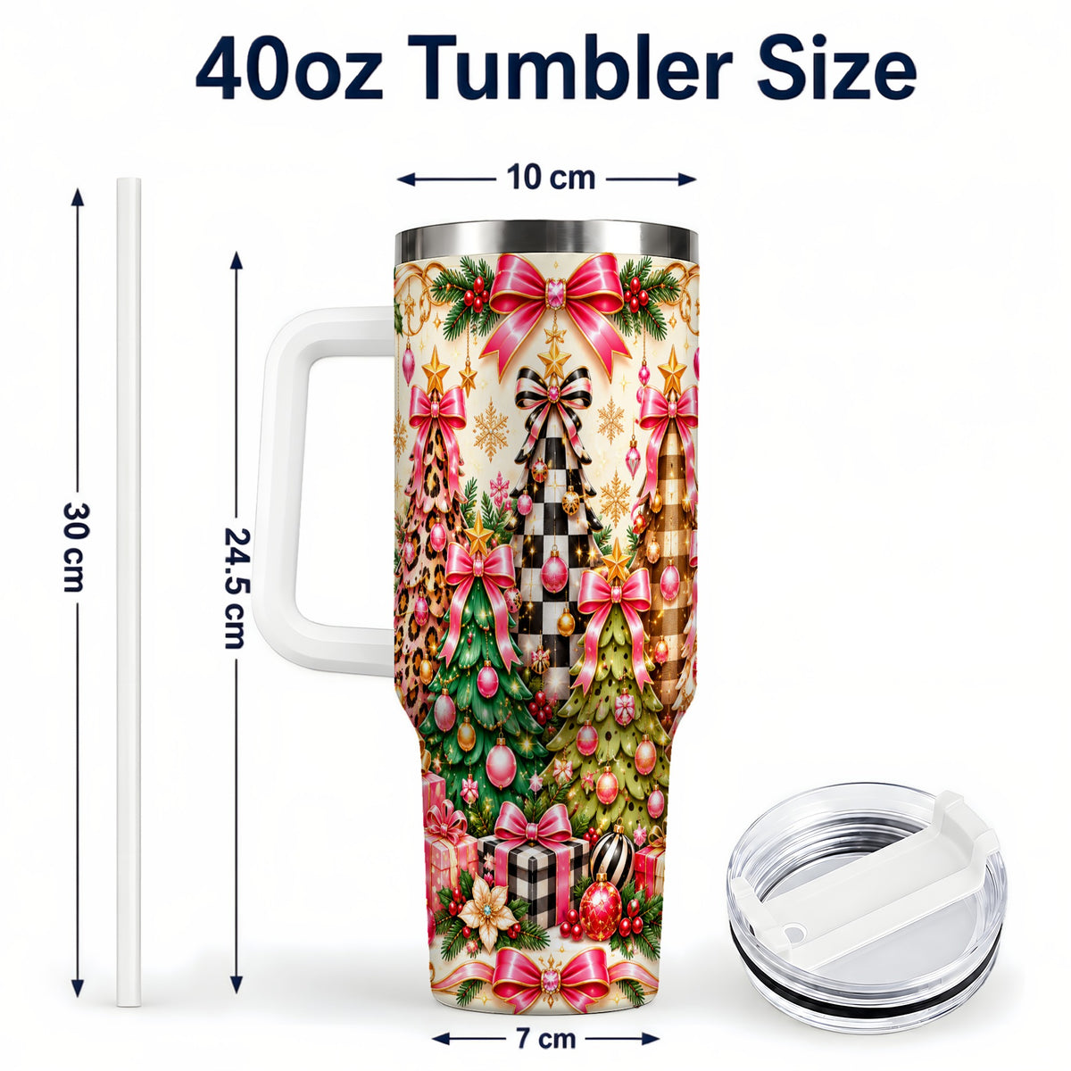 #pl[40oz|White] Patterned Tree 40oz Tumbler with Handle, Holiday Stainless Steel Cup