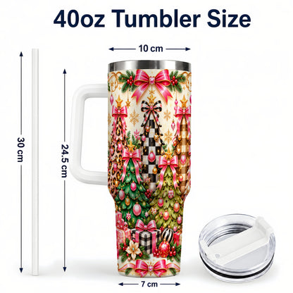 #pl[40oz|White] Patterned Tree 40oz Tumbler with Handle, Holiday Stainless Steel Cup