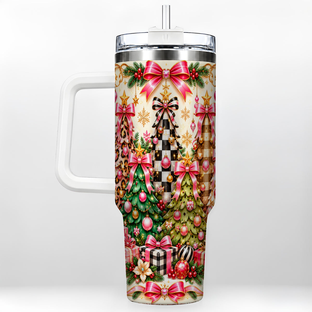 Patterned Tree 40oz Tumbler with Handle, Holiday Stainless Steel Cup