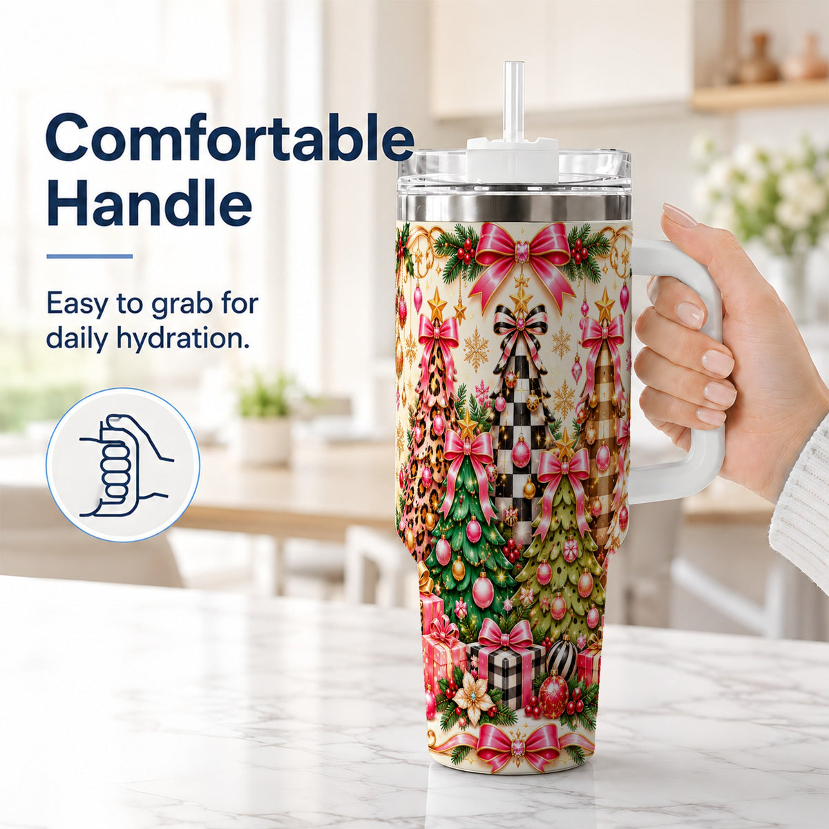 #pl[40oz|White] Patterned Tree 40oz Tumbler with Handle, Holiday Stainless Steel Cup