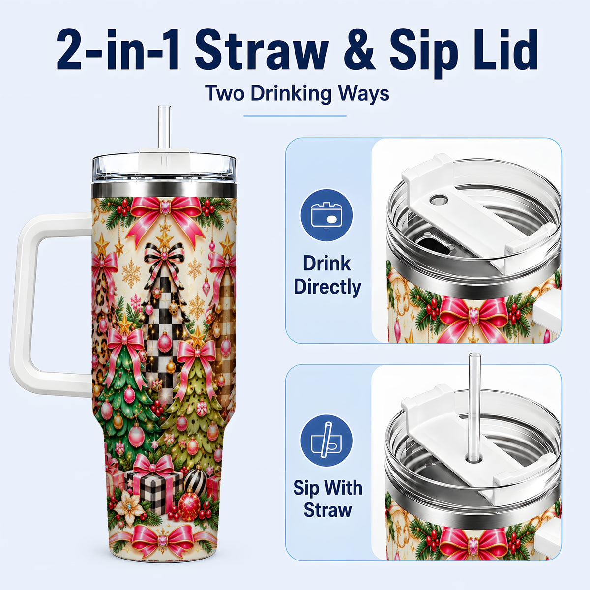 #pl[40oz|White] Patterned Tree 40oz Tumbler with Handle, Holiday Stainless Steel Cup