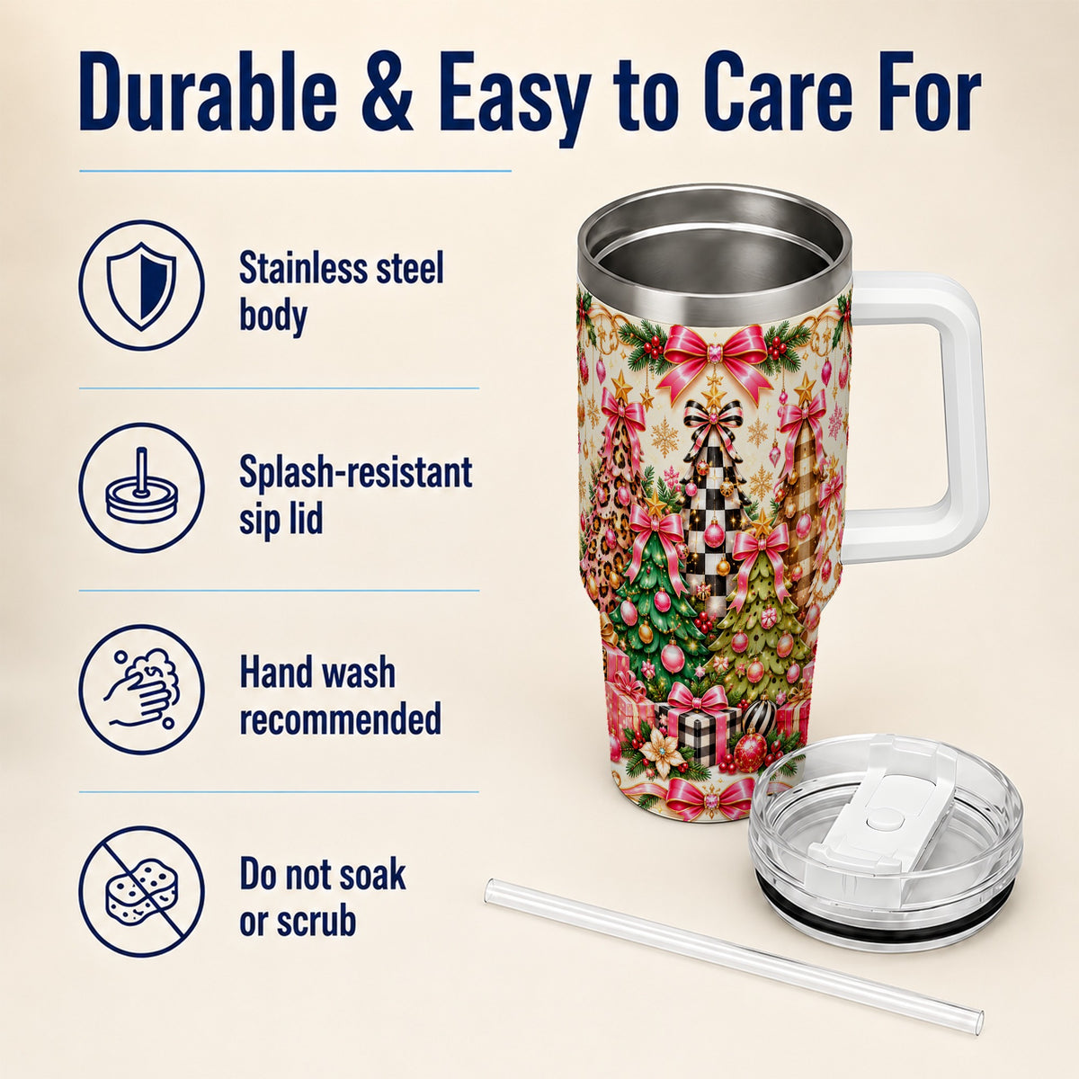 Patterned Tree 40oz Tumbler with Handle, Holiday Stainless Steel Cup
