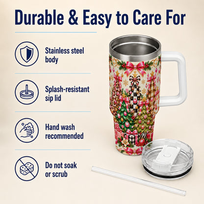 Patterned Tree 40oz Tumbler with Handle, Holiday Stainless Steel Cup