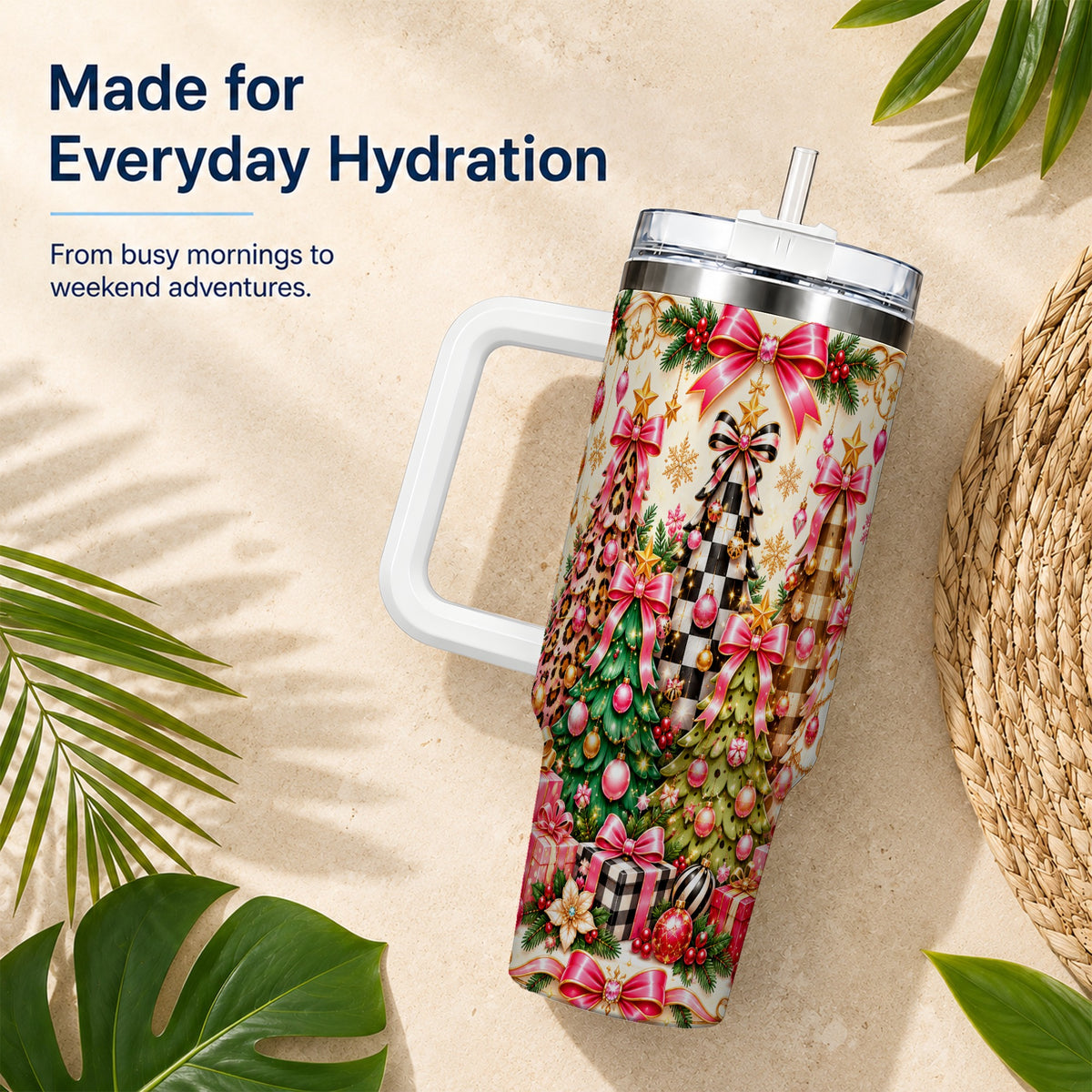 Patterned Tree 40oz Tumbler with Handle, Holiday Stainless Steel Cup