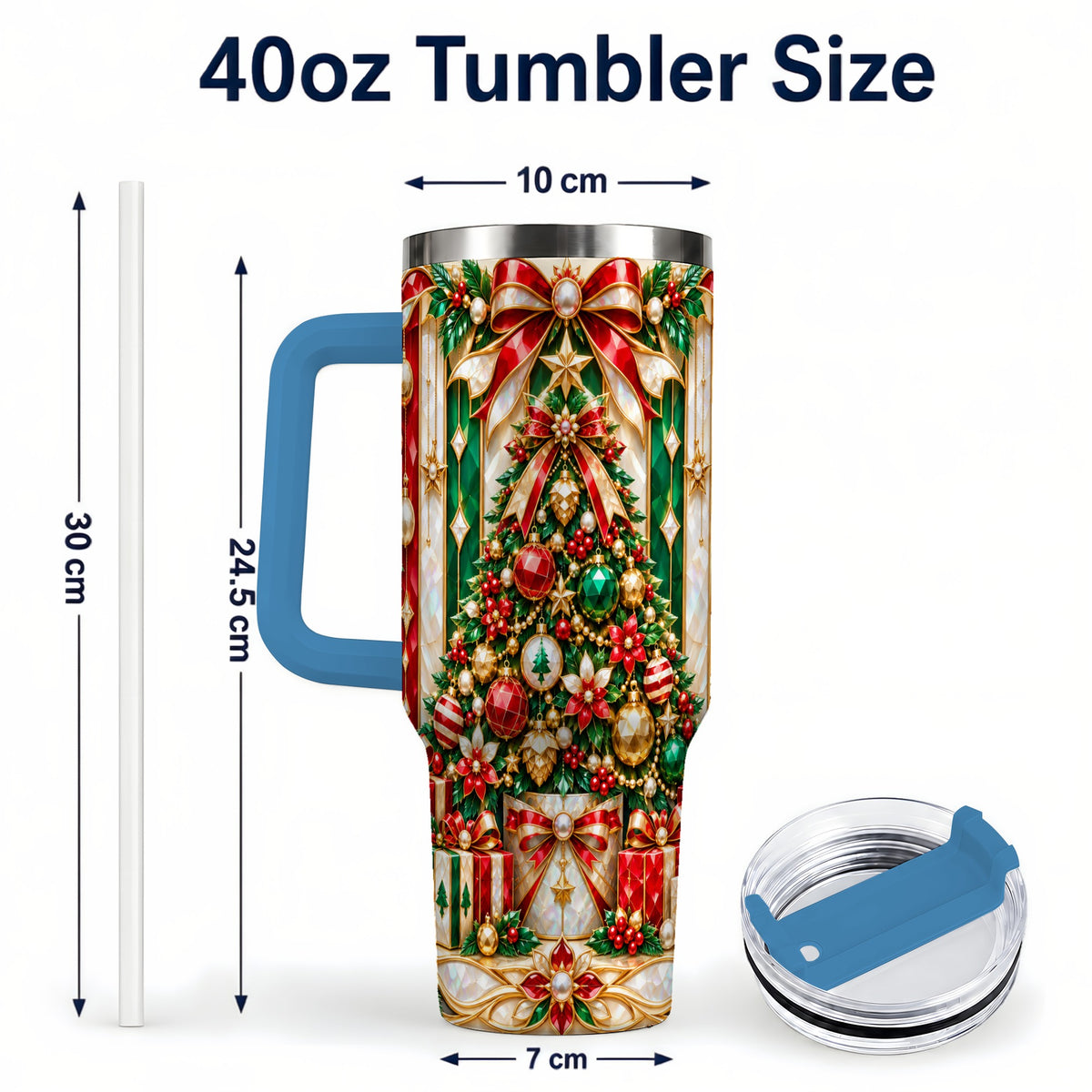 #pl[40oz|Blue] Jeweled Tree Tumbler 40oz, Christmas Tumbler, Stainless Steel Travel Cup