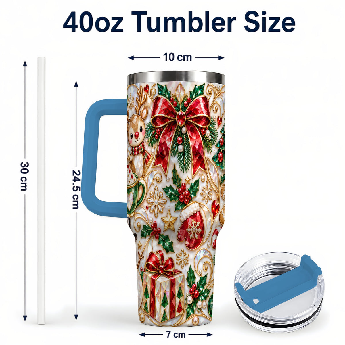 #pl[40oz|Blue] Holiday Motif Tumbler 40oz, Christmas Tumbler, Stainless Steel Travel Cup