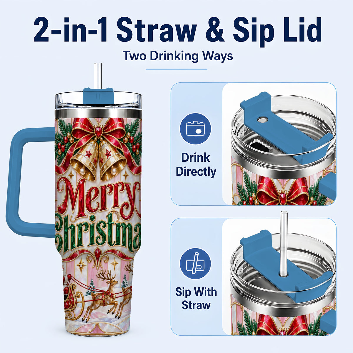 #pl[40oz|Blue] Santa Sleigh 40oz Tumbler, Holiday Tumbler, Stainless Steel Travel Cup