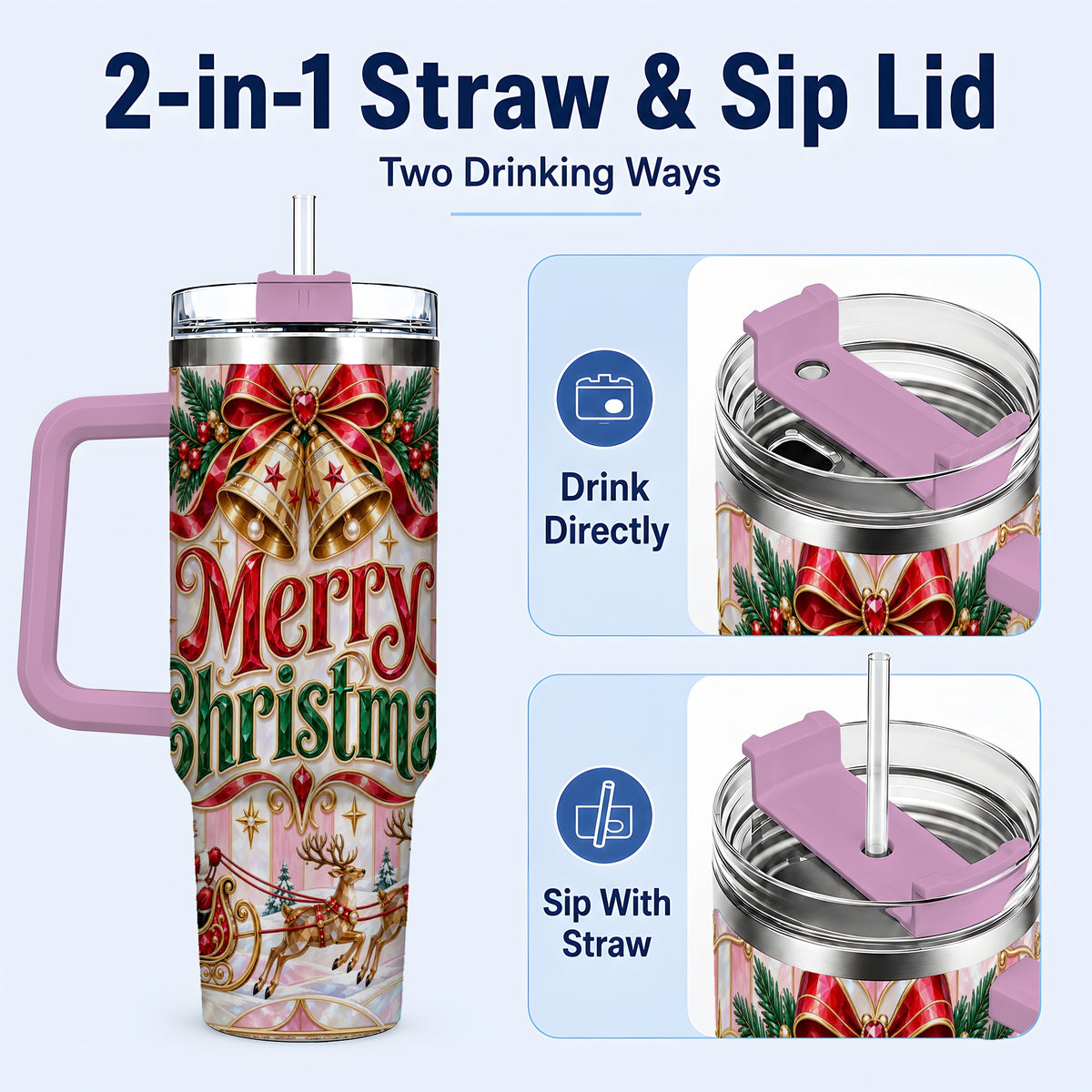 #pl[40oz|Pink] Santa Sleigh 40oz Tumbler, Holiday Tumbler, Stainless Steel Travel Cup