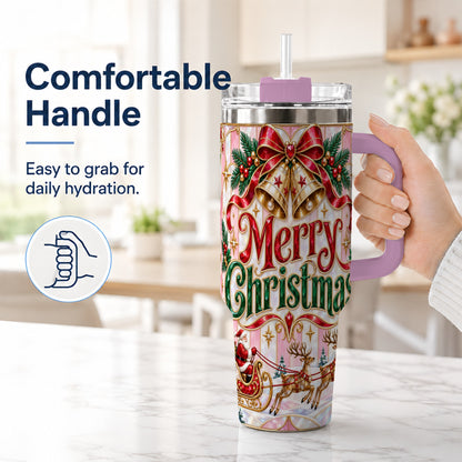 #pl[40oz|Pink] Santa Sleigh 40oz Tumbler, Holiday Tumbler, Stainless Steel Travel Cup
