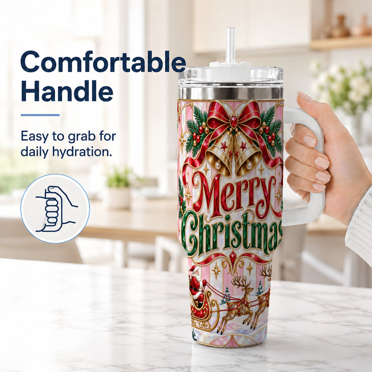 #pl[40oz|White] Santa Sleigh 40oz Tumbler, Holiday Tumbler, Stainless Steel Travel Cup