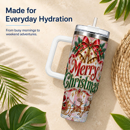 Santa Sleigh 40oz Tumbler, Holiday Tumbler, Stainless Steel Travel Cup