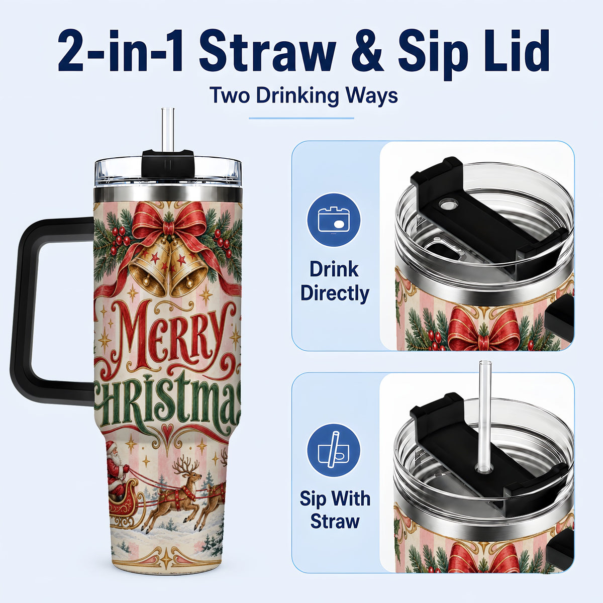 #pl[40oz|Black] Vintage Santa Sleigh 40oz Tumbler, Holiday Tumbler, Stainless Steel Travel Cup