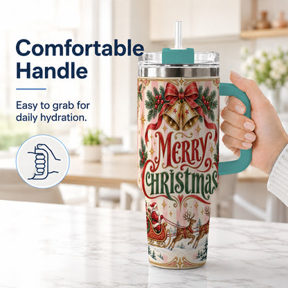 #pl[40oz|Green] Vintage Santa Sleigh 40oz Tumbler, Holiday Tumbler, Stainless Steel Travel Cup