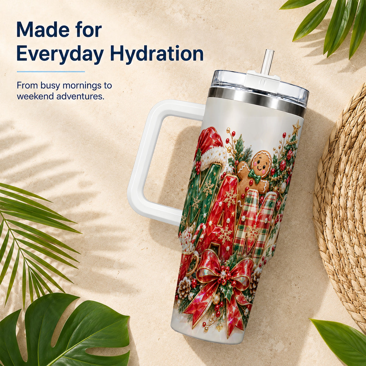 Holiday Lettering Tumbler 40oz, Festive Tumbler, Stainless Steel Travel Cup